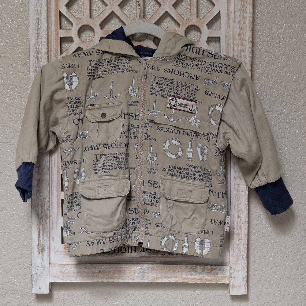Vintage Gymboree Sz Small Jacket Nautical Khaki Removable Sleeves 100% Cotton